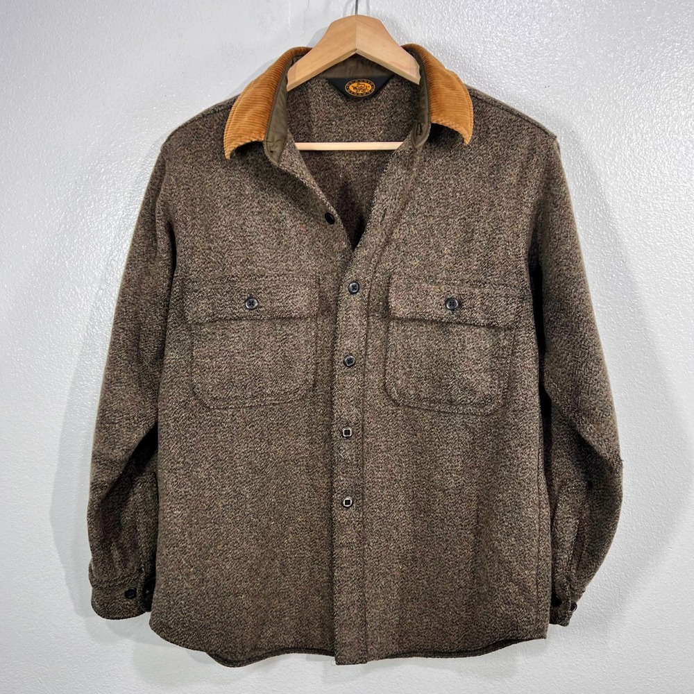 Vintage 80s Woolrich Classic Mens Wool Shirt Jacket Brown Tweed Corduroy Shacket